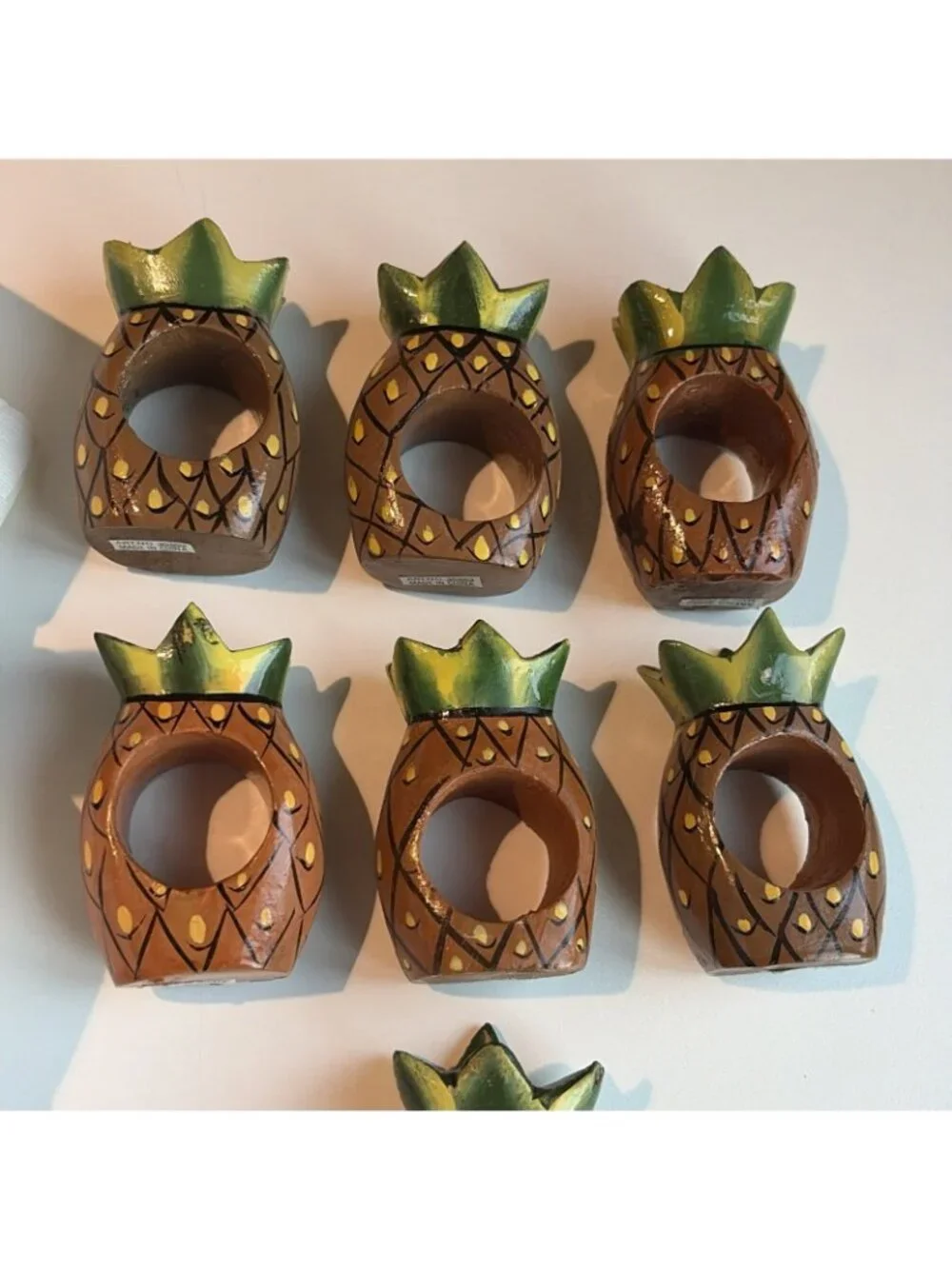 8 Vintage Wooden Painted Pineapple Napkin Rings Table Decor Tiki New England